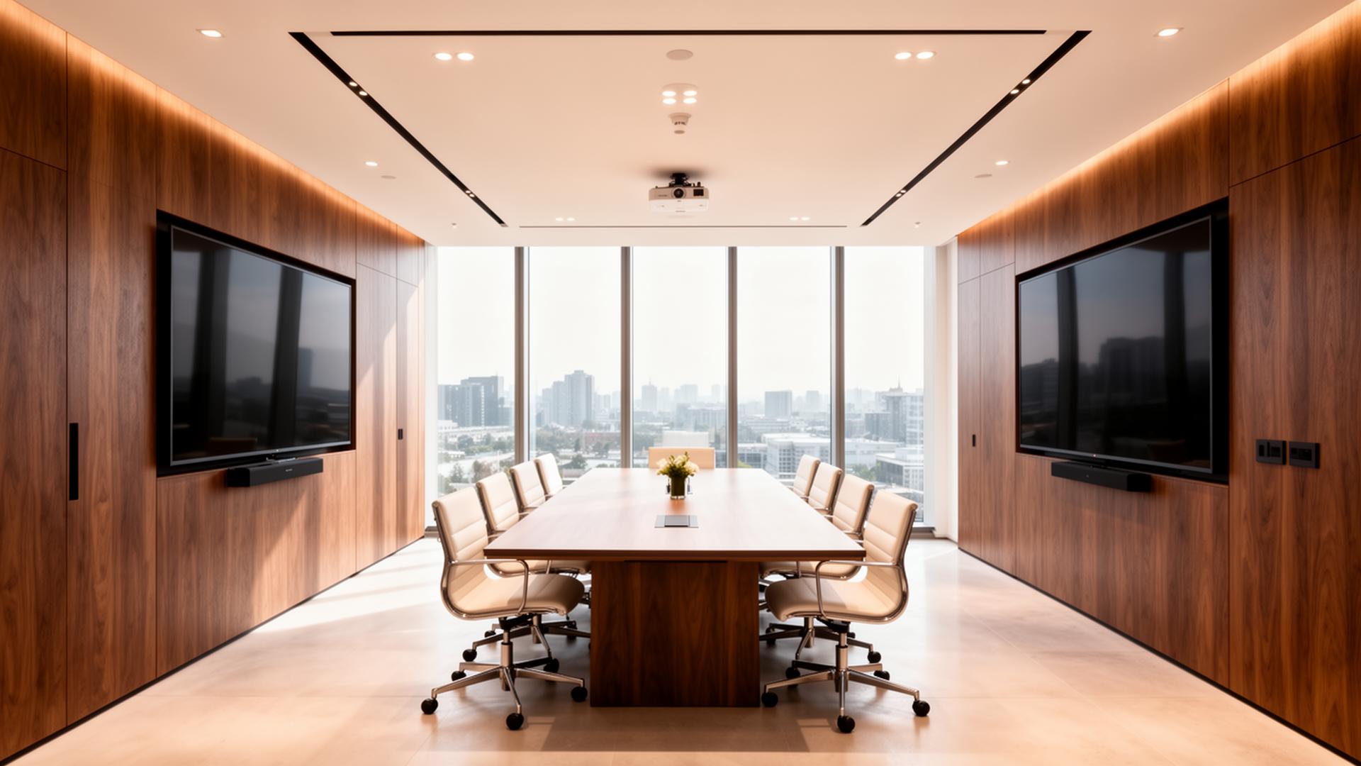 Twelve interconnected boardrooms, briefing suites, and townhall spaces designed and project-managed by Reson8 for a multinational HQ — unified UC, control, and digital signage.