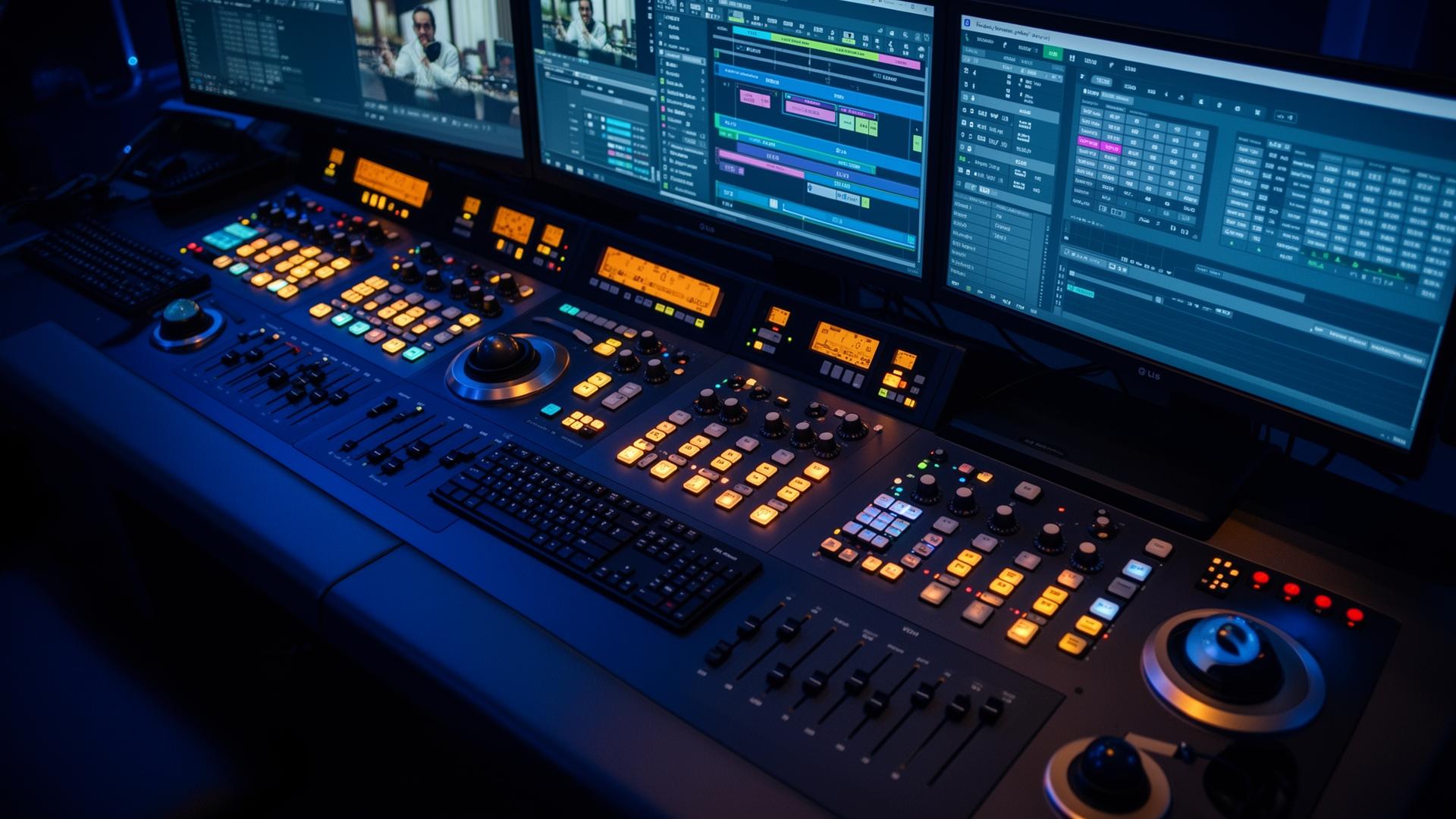 Broadcast control console Broadcast control console dashboard with illuminated buttons, jog wheels, and multi-monitor routing displays