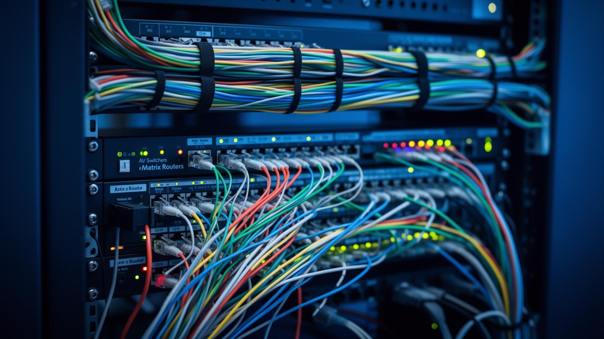 Patch bay & cable infrastructure Broadcast patch bay and cable management with colored fiber and Cat6 cabling between AV switchers and matrix routers
