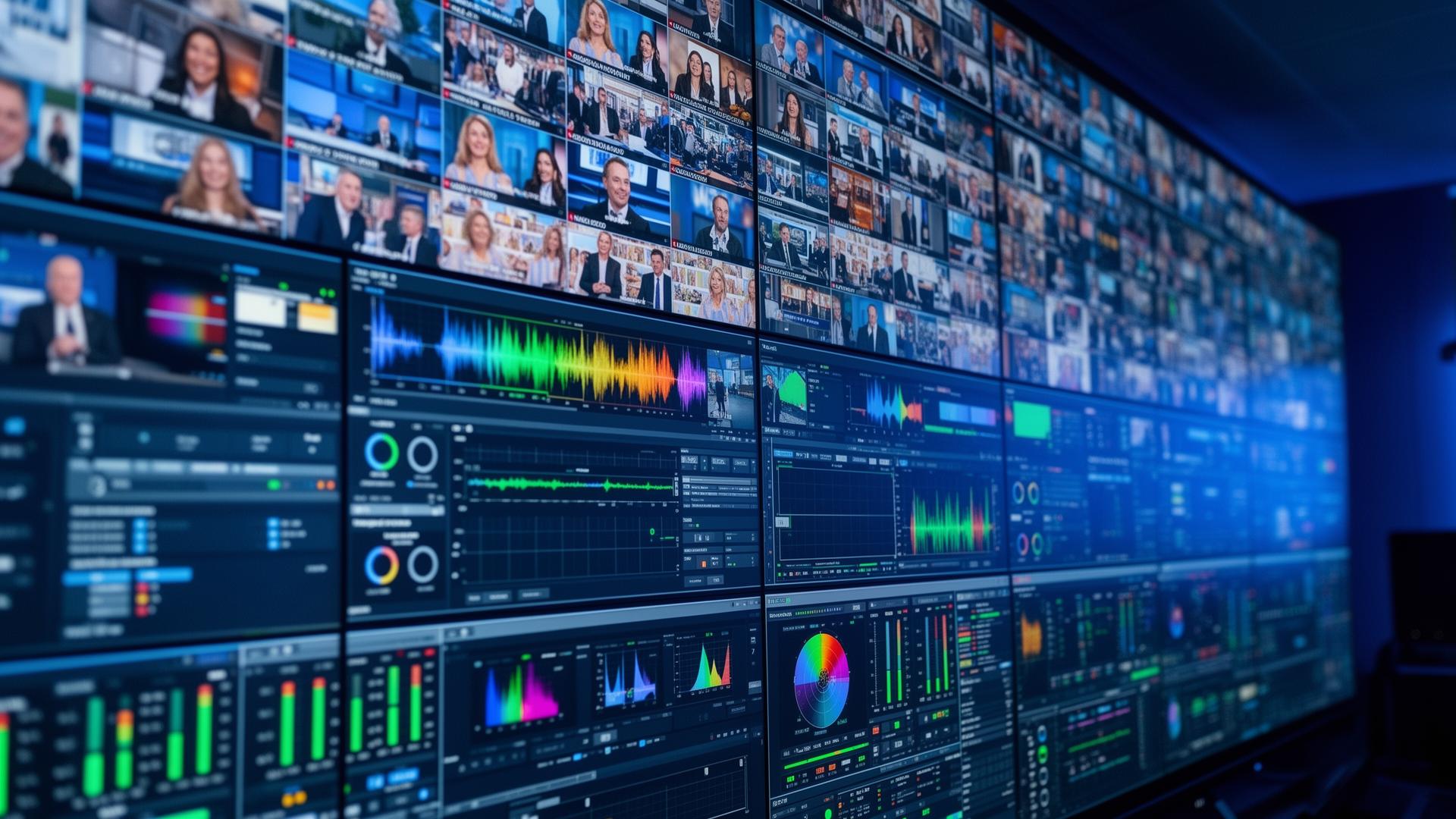 Multiviewer video wall Broadcast multiviewer video wall close-up with live program feeds, waveform monitors, and audio meters