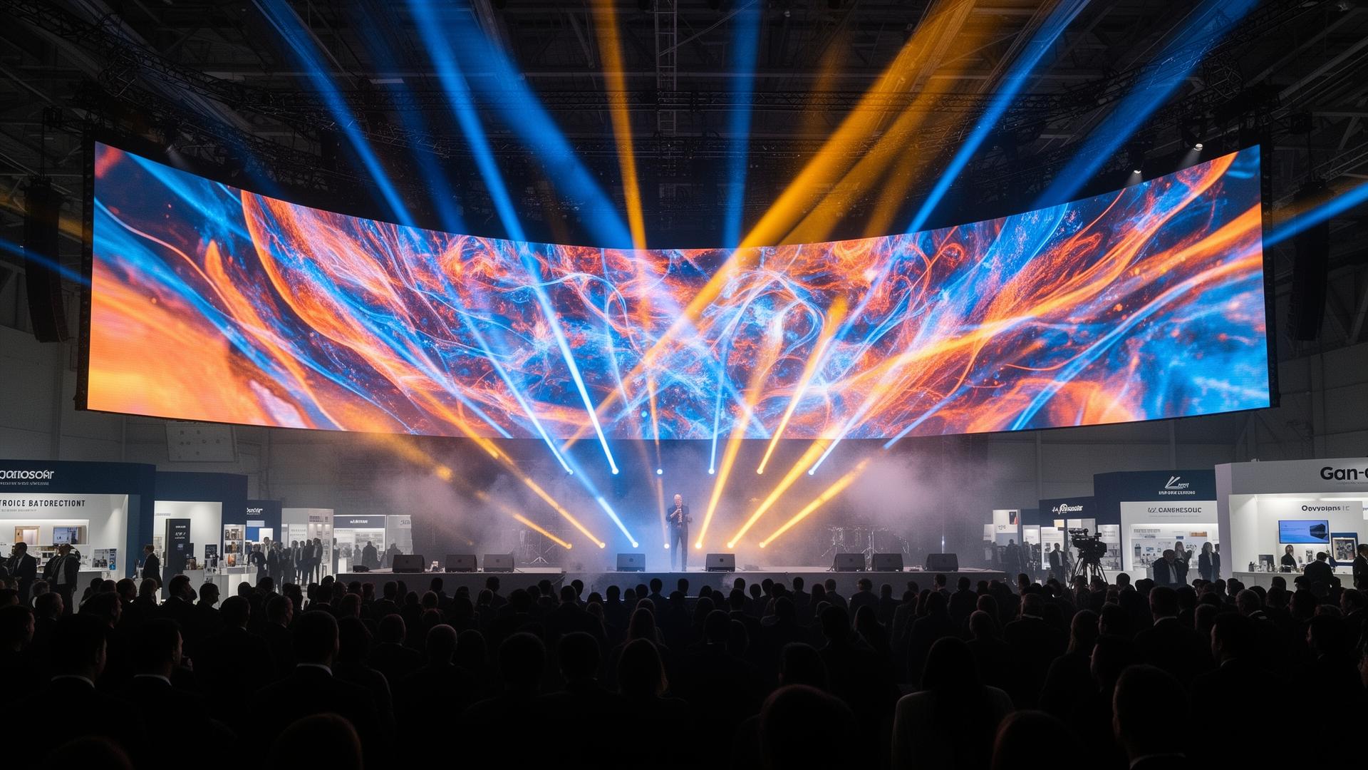 Live events and exhibition stage with curved LED video wall and dynamic stage lighting