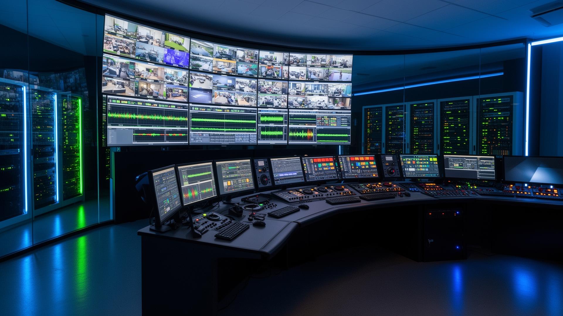Master Control Room — multi-vendor broadcast integration Reson8 case study: unoccupied broadcast Master Control Room with curved video wall, control console, and server racks